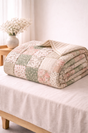 Patchwork cotton quilt with geometric stitched design in soft neutral tones, neatly folded in portrait style