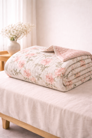 Floral cotton quilt with soft botanical print and breathable stitched fabric in portrait style