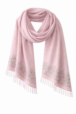 Blush pink pashmina stole with handcrafted embroidered border and soft fringed edges