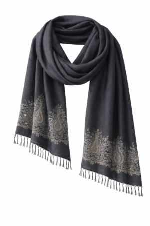 Charcoal grey pashmina stole with handcrafted paisley embroidery and soft fringed edges