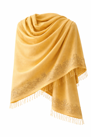 Golden yellow pashmina shawl with handcrafted embroidered border and soft fringed edges