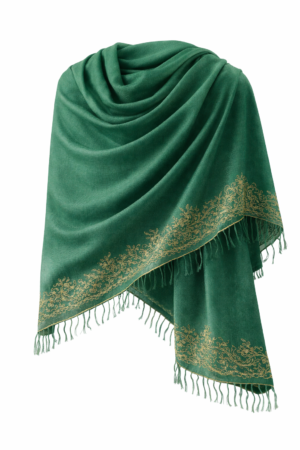 Emerald green pashmina shawl with handcrafted embroidered border and soft fringed edges