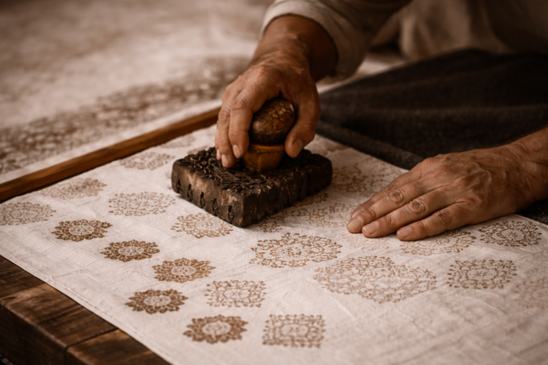 Artisan hand block printing natural textile fabric using traditional wooden block