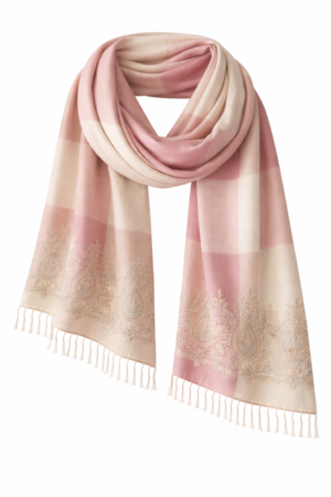 Ivory and blush checkered pashmina stole with handcrafted paisley embroidery and soft fringed edges
