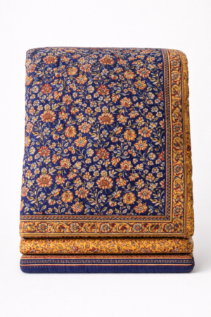 Jaipuri hand block printed cotton quilt with indigo floral pattern and traditional border
