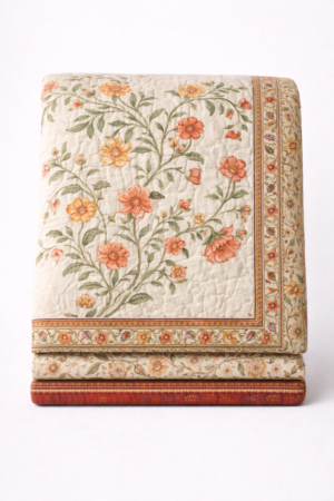 Jaipuri hand-painted cotton quilt with floral motifs created using natural organic colours