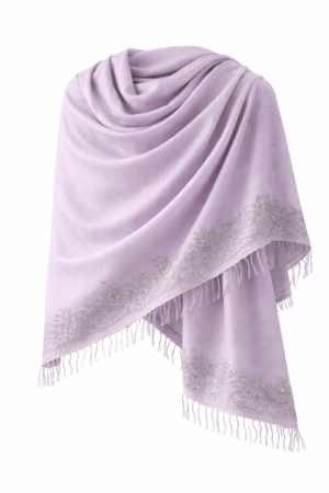 Lavender pashmina shawl with handcrafted embroidered border and soft fringed edges