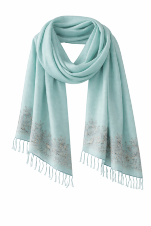 Light turquoise pashmina stole with handcrafted embroidered border and soft fringed edges