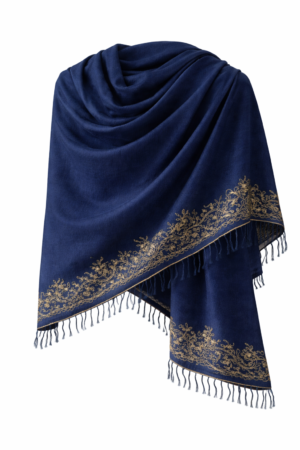 Navy blue pashmina shawl with handcrafted embroidered border and soft fringed edges