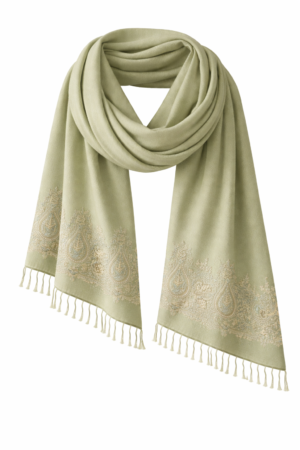 Sage green pashmina stole with handcrafted embroidered border and soft fringed edges