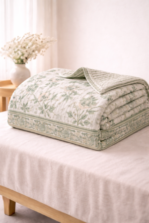 Sage green cotton quilt with soft stitched texture and lightweight breathable fabric in portrait style