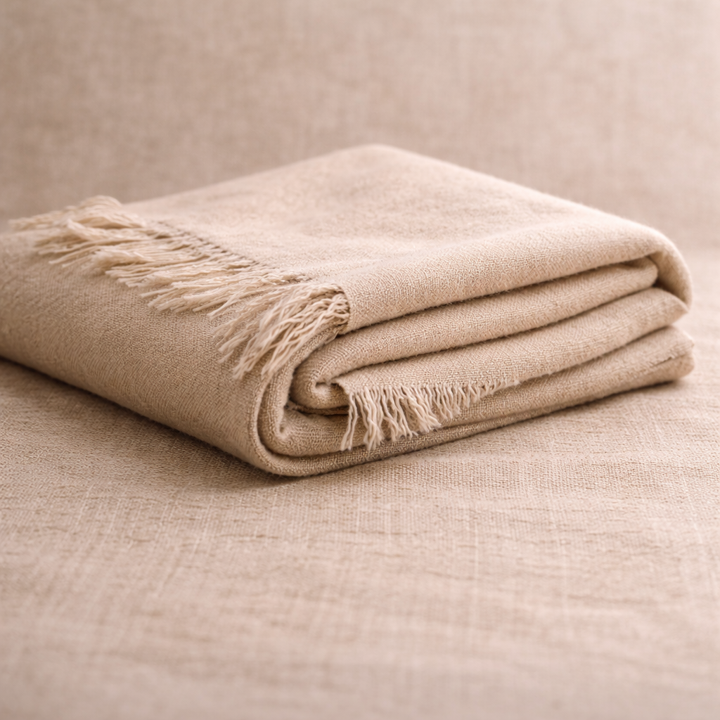 Sand beige pashmina shawl neatly folded on neutral linen background